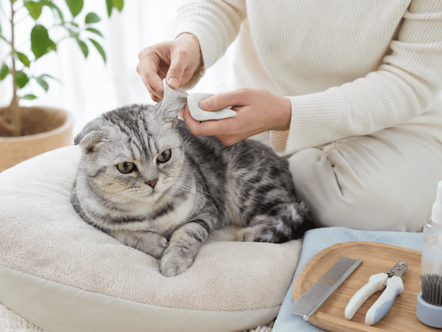 Scottish Fold kedisi için ölçülü mama ve temiz su düzeni
