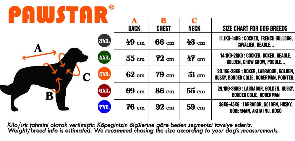 PawStar Siyah Railway Büyük Irk Köpek Yelek 4XL beden tablosu